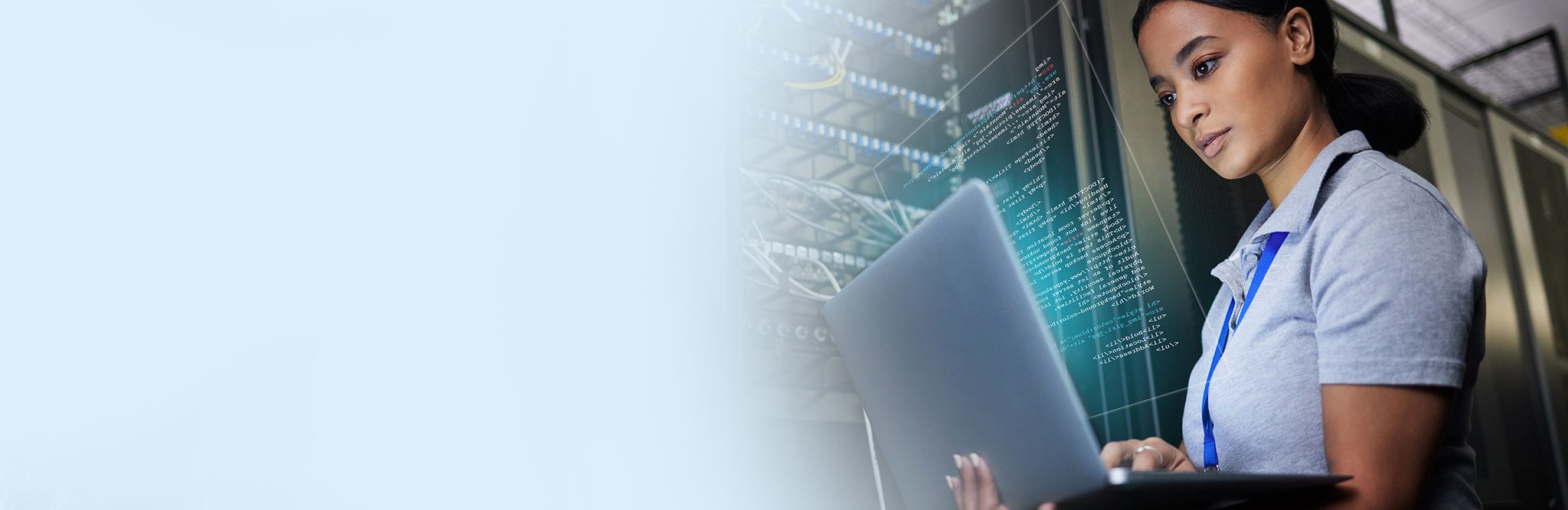 Laptop, network and data center with a black woman it support engineer working in a dark server room